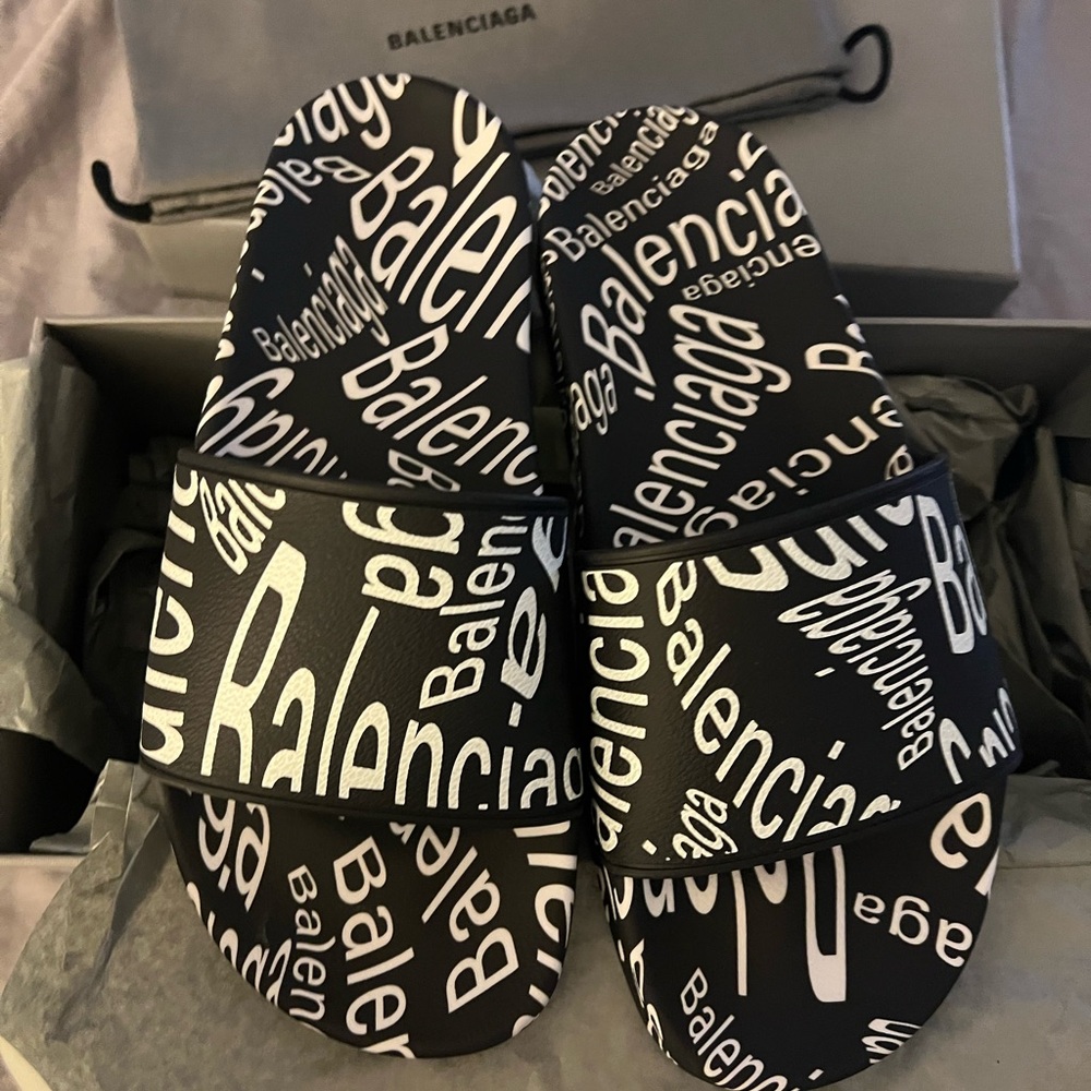 Balenciaga Black and White Pool Slide Sandals
